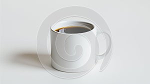 A simple white ceramic mug filled with black coffee, positioned on a clean white background, casting a subtle shadow photo