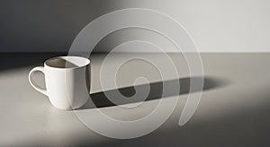A simple white ceramic mug with a handle is placed on a smooth, light-colored surface. The mug