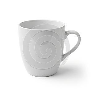 A simple white ceramic mug with a smooth surface and a curved handle