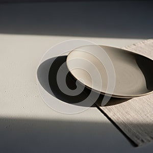 A simple white ceramic plate rests