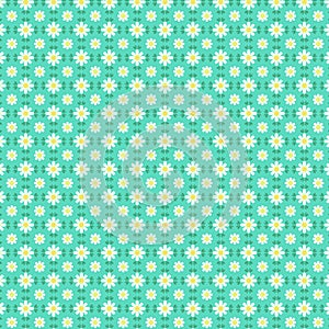 Simple white decorative daisy flowers on a green background Cute summer floral fabric pattern