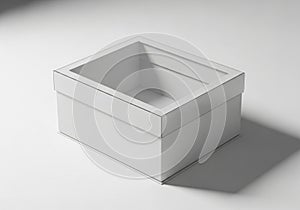 A simple white, rectangular cardboard box with an open top is