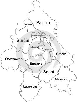 White map of municipalities of Belgrade, Serbia