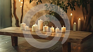 A simple wooden bench in the center of the room surrounded by candles beckons for a peaceful moment of mindful breathing photo