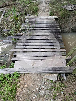 Simple wooden bridge for crossing drain pathway