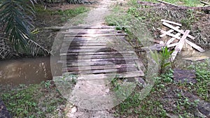 Simple wooden bridge for crossing drain pathway