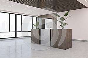 Simple wooden and concrete office lobby interior with window and city view. Waiting area and hotel concept.