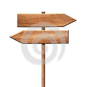 Simple wooden direction arrow signpost roadsign made of natural wood with single pole photo