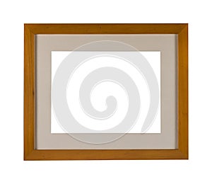 Simple wooden frame with golden borders under the lights isolated on a white background