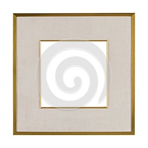 Simple wooden frame with golden borders under the lights isolated on a white background