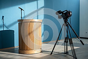 Wooden cylinder podium on blue wall background photo