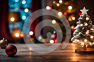 A Simple Wooden Table and a Background of Christmas Decorations - A Cheerful Christmas Atmosphere with a Emty Wooden Table