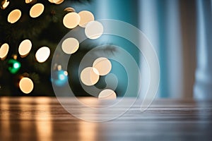 A Simple Wooden Table and a Background of Christmas Decorations - A Cheerful Christmas Atmosphere with a Emty Wooden Table