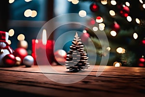 A Simple Wooden Table and a Background of Christmas Decorations - A Cheerful Christmas Atmosphere with a Emty Wooden Table