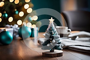 A Simple Wooden Table and a Background of Christmas Decorations - A Cheerful Christmas Atmosphere with a Emty Wooden Table