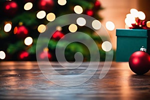 A Simple Wooden Table and a Background of Christmas Decorations - A Cheerful Christmas Atmosphere with a Emty Wooden Table