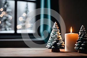 A Simple Wooden Table and a Background of Christmas Decorations - A Cheerful Christmas Atmosphere with a Emty Wooden Table