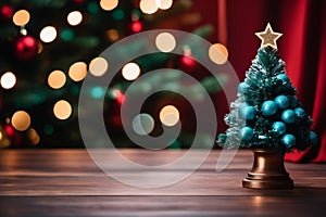 A Simple Wooden Table and a Background of Christmas Decorations - A Cheerful Christmas Atmosphere with a Emty Wooden Table