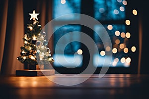 A Simple Wooden Table and a Background of Christmas Decorations - A Cheerful Christmas Atmosphere with a Emty Wooden Table