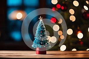 A Simple Wooden Table and a Background of Christmas Decorations - A Cheerful Christmas Atmosphere with a Emty Wooden Table