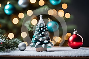 A Simple Wooden Table and a Background of Christmas Decorations - A Cheerful Christmas Atmosphere with a Emty Wooden Table