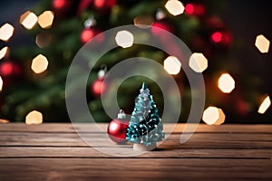 A Simple Wooden Table and a Background of Christmas Decorations - A Cheerful Christmas Atmosphere with a Emty Wooden Table