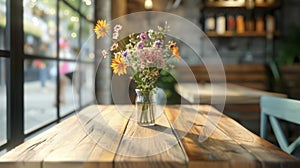 A simple wooden table with a single vase of fresh flowers in the center adding a pop of color and freshness to the cafes