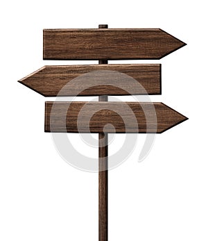 Simple wooden tripple direction arrow signpost roadsign made of dark wood with single pole photo