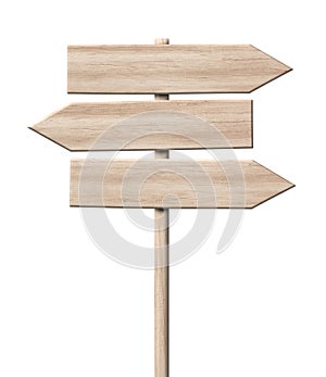 Simple wooden tripple direction arrow signpost roadsign made of light wood with single pole photo