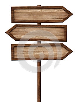 Simple wooden tripple direction arrow signpost roadsign made of natural dark wood with single pole and dark frame photo