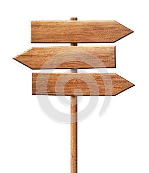 Simple wooden tripple direction arrow signpost roadsign made of natural wood with single pole