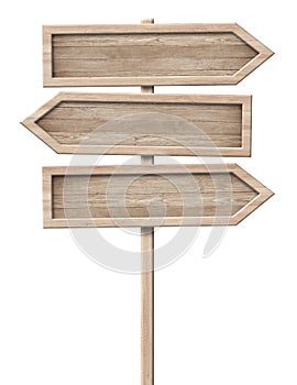 Simple wooden tripple direction arrow signpost roadsign made of natural wood with single pole and bright frame photo