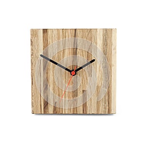 Simple wooden wall watch - Square clock isolated on white backgr