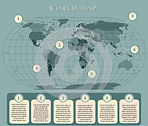 Simple world map with capitals. Flat design with grid, label and legend on the map