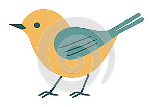 Simple yellow bird with a grey wing, standing. Cute cartoon bird in flat style vector illustration