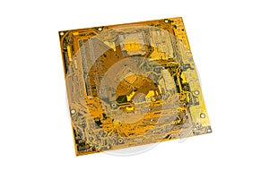 A simple yellow green circuit board isolated on white. Detailed complicated electrical circuits textured square plate, technology