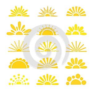Simple yellow half sun hand drawn vector flat illustration with half-circle shape in middle, cute summer sunset, dawn photo