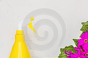 Simple yellow plastic hand spray bottle on gray background