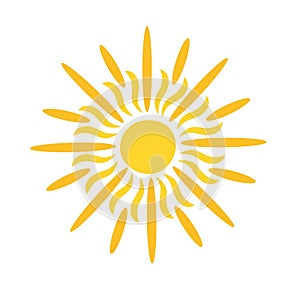 Simple yellow sun vector flat illustration with round shape middle and beams, cute summer image for making cards, decor photo