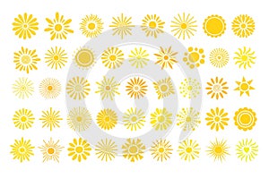 Simple yellow suns set vector flat illustration with round shape middle and beams, cute summer image for making cards photo