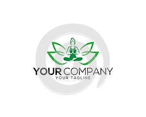 Simple YOGA and human meditation in lotus flower logo icon