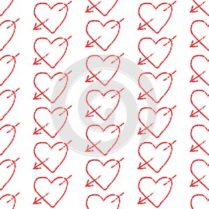 Simpler red heart seamless pattern for Valentine's day. Wax Charcoal pastel painting. Grunge hearts with arrows on