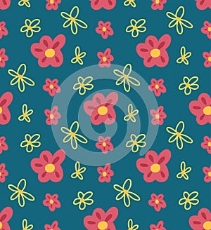 Simplicity childish pattern with pink flowers on blue background. Vector natural flat texture with outline daisies. Fabric