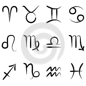 Simplicity hand drawn all twelve zodiac symbols with names, black ink isolated