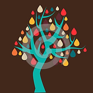 Simplicity retro 70s tree with leaves and flowers in drops shapes, vintage colors like red yellow orange