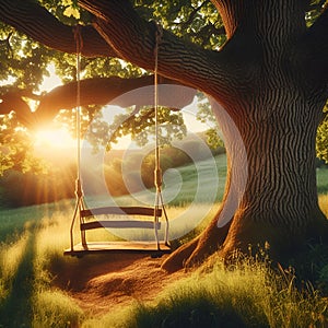 Simplicity in Spring: Antique Wooden Swing Amidst Perfect Forest.