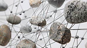 The simplicity of stone is juxtaposed with the complex web of steel wires and small metal objects in kinetic sculpture
