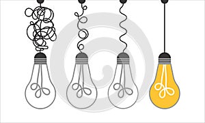 Simplification concept art with light bulb idea. Simple and creative think or search creative idea. Difficulty curve doodle path