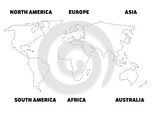 Simplified black outline of world map divided to six continents. Simple flat vector illustration on white background