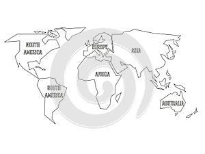 Simplified black outline of world map divided to six continents. Simple flat vector illustration on white background